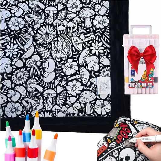 DIY Coloring Blanket 24 Color Pens Washable Reusable Soft Fleece Drawing Blanket DIY Painting Blanket for Kids Adults Home Decor
