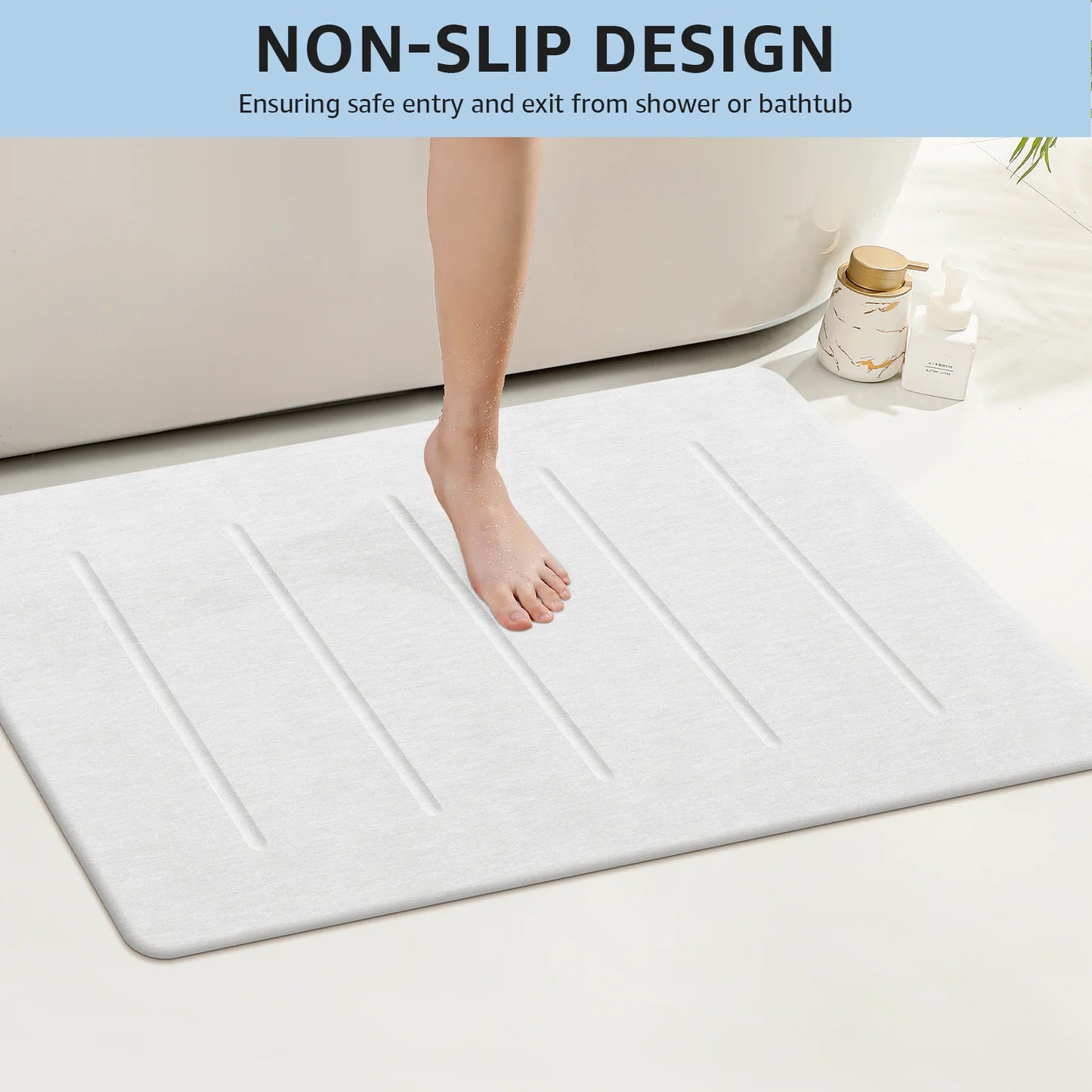Stone Bath Mat Large, 32" X 20" Diatomaceous Earth for Bathroom, Super Absorbent Quick Drying Non-Slip Diatomite Shower Mat (White Grey)