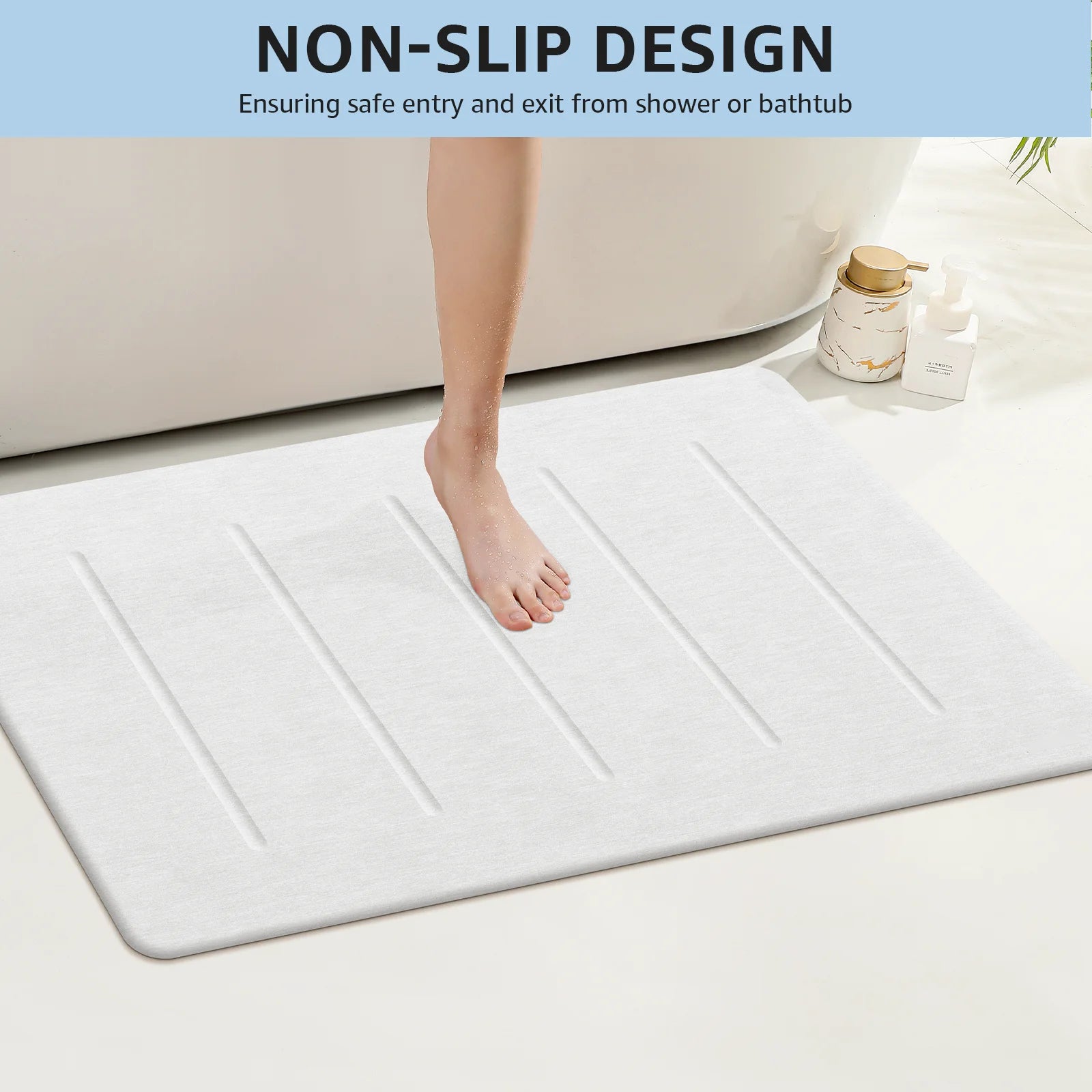 Stone Bath Mat Large, 32" X 20" Diatomaceous Earth for Bathroom, Super Absorbent Quick Drying Non-Slip Diatomite Shower Mat (White Grey)